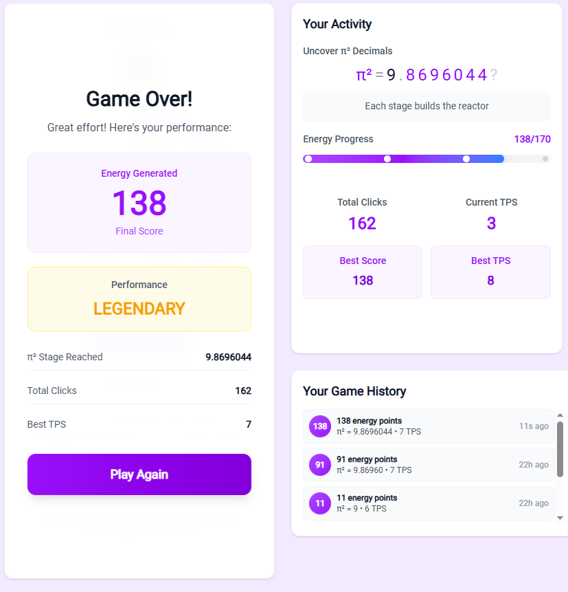 olip_x's tweet image. Breaking my own records in the @Pi_Squared_Pi2 game. 

New High Score: 138
π² Uncovered: 9.869604...

What is the best score you have ever received? 

#PiSquared #FastSet #Web3 #Gaming