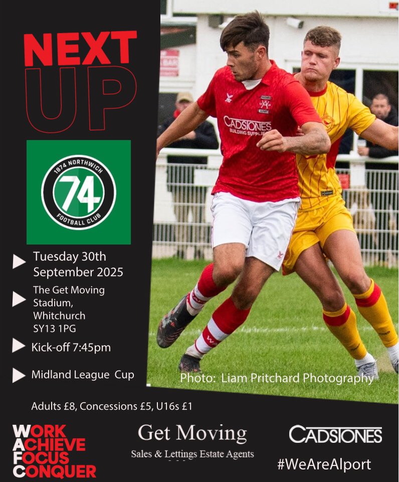 Whitchurch Alport Football Club (@alportfc) on Twitter photo CUP ACTION AT THE GET MOVING STADIUM🔴⚪️
We’re in <a href="/MidlandLeague/">Capelli Sport Midland Football League</a> Cup first round action tomorrow night when we welcome <a href="/1874Northwich/">1874 Northwich</a> to the <a href="/GetMovingEstate/">Get Moving</a> Stadium. As normal, your superb support is needed to get behind Jayson and the lads, as we look to progress in the cup CUP ACTION AT THE GET MOVING STADIUM🔴⚪️
We’re in <a href="/MidlandLeague/">Capelli Sport Midland Football League</a> Cup first round action tomorrow night when we welcome <a href="/1874Northwich/">1874 Northwich</a> to the <a href="/GetMovingEstate/">Get Moving</a> Stadium. As normal, your superb support is needed to get behind Jayson and the lads, as we look to progress in the cup