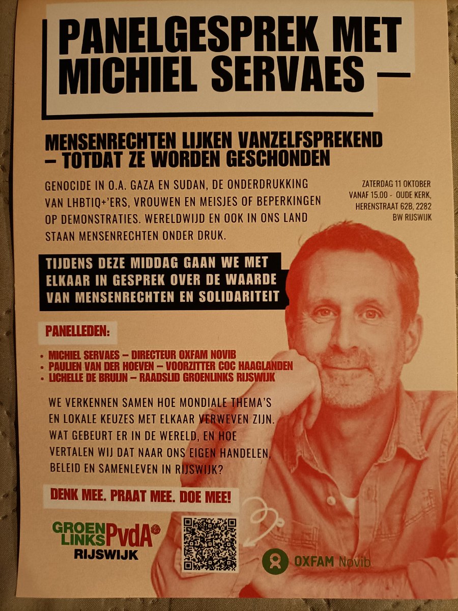 #Pannelgesprek | op zaterdag 11 oktober 2025 van 15:00 uur !
🤔 Denk mee
🤨 Praat mee
😏 Doe mee
Locatie: 
Oude Kerk - Herenstraat 62b 
#Rijswijk 
Aanmelden via de QRcode