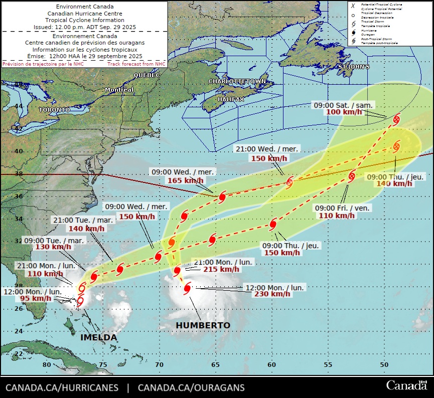 ECCC_CHC's tweet image. The Canadian #Hurricane Centre is tracking #Humberto and #Imelda.  Here is the latest update: ow.ly/uSE050X3QmZ 🌀 #nlwx #nswx