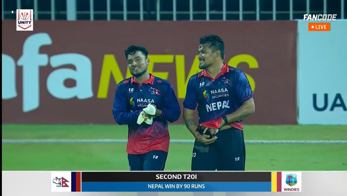 🚨 NEPAL THRASH WEST INDIES BY 90 RUNS 🚨

Biggest runs win by an Associate against a full-member in men's T20Is

90 runs - Nepal🇳🇵 beat WI, TODAY
81 runs - Afghanistan🇦🇫 beat ZIM, 2016
59 runs - Afghanistan🇦🇫 beat ZIM, 2016
55 runs - Namibia🇳🇦 beat SL, 2022
49 runs -