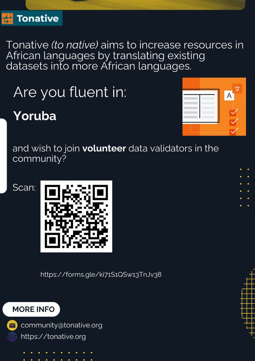 🗣️ Calling all fluent Yoruba speakers!

Help us increase the digital resources available for African languages. Join <a href="/tonative_org/">Tonative</a> as a volunteer data validator. Your language skills can make a huge impact!

Scan the QR code or click the link to join.
