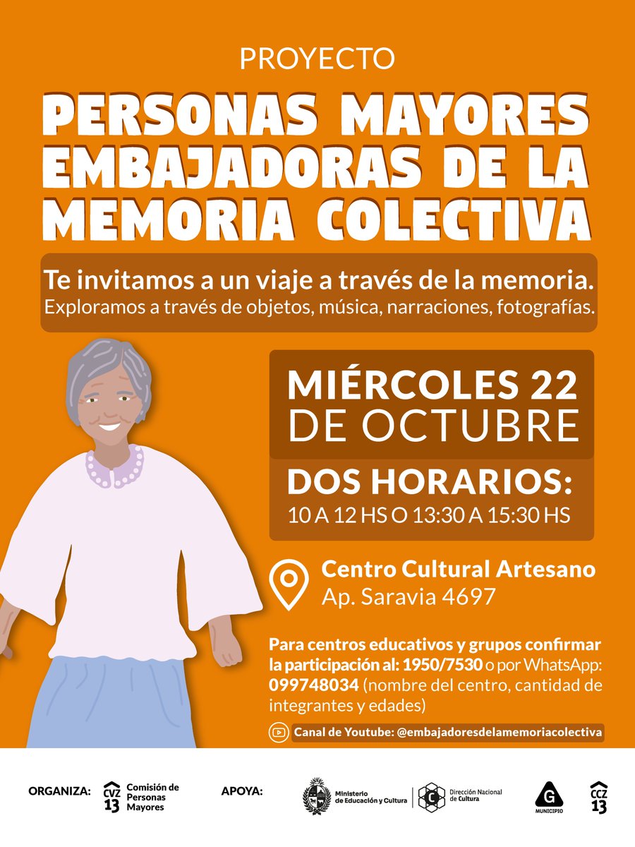 Personas Mayores Embajadoras de la Memoria Colectiva👵🏽👴🏼

Para grupos y centros educativos, confirmar participación al 1950 7530, o por WhatsApp al 099 748 034 indicando:
👉🏻 Nombre del Centro
👉🏻 Cantidad de integrantes y edades

#MunicipioG #EsContigo