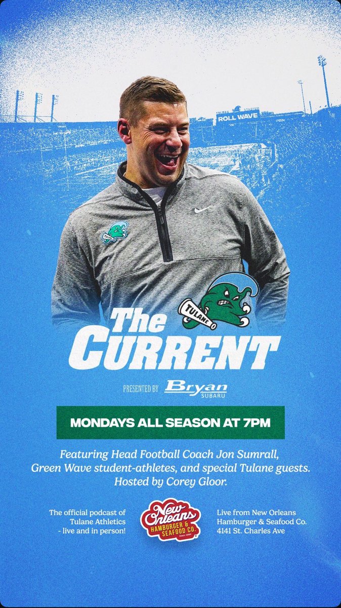 See you tonight!

🗣️: <a href="/CoachJonSumrall/">Jon Sumrall</a>, <a href="/1_jahiem/">joker johnson 🃏</a>, <a href="/iamAlecClark/">Alec</a>, <a href="/GreenWaveWGolf/">Tulane Women's Golf</a> HC Andrea Kaelin &amp; Sophia Macias

#RMFW