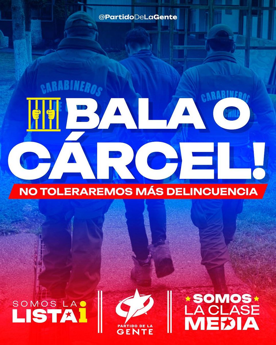 ChilePDGcl's tweet photo. #PropuestasPDG | Vamos a gobernar con mano dura contra los criminales y dándole la mano a la clase media, que la ha pasado pésimo.

No vamos a aguantar más que la delincuencia, terrorismo y narcotrafico nos quite la vida. Los criminales tendrán dos opciones: BALA O CÁRCEL. https://t.co/VzZU0PN6mS