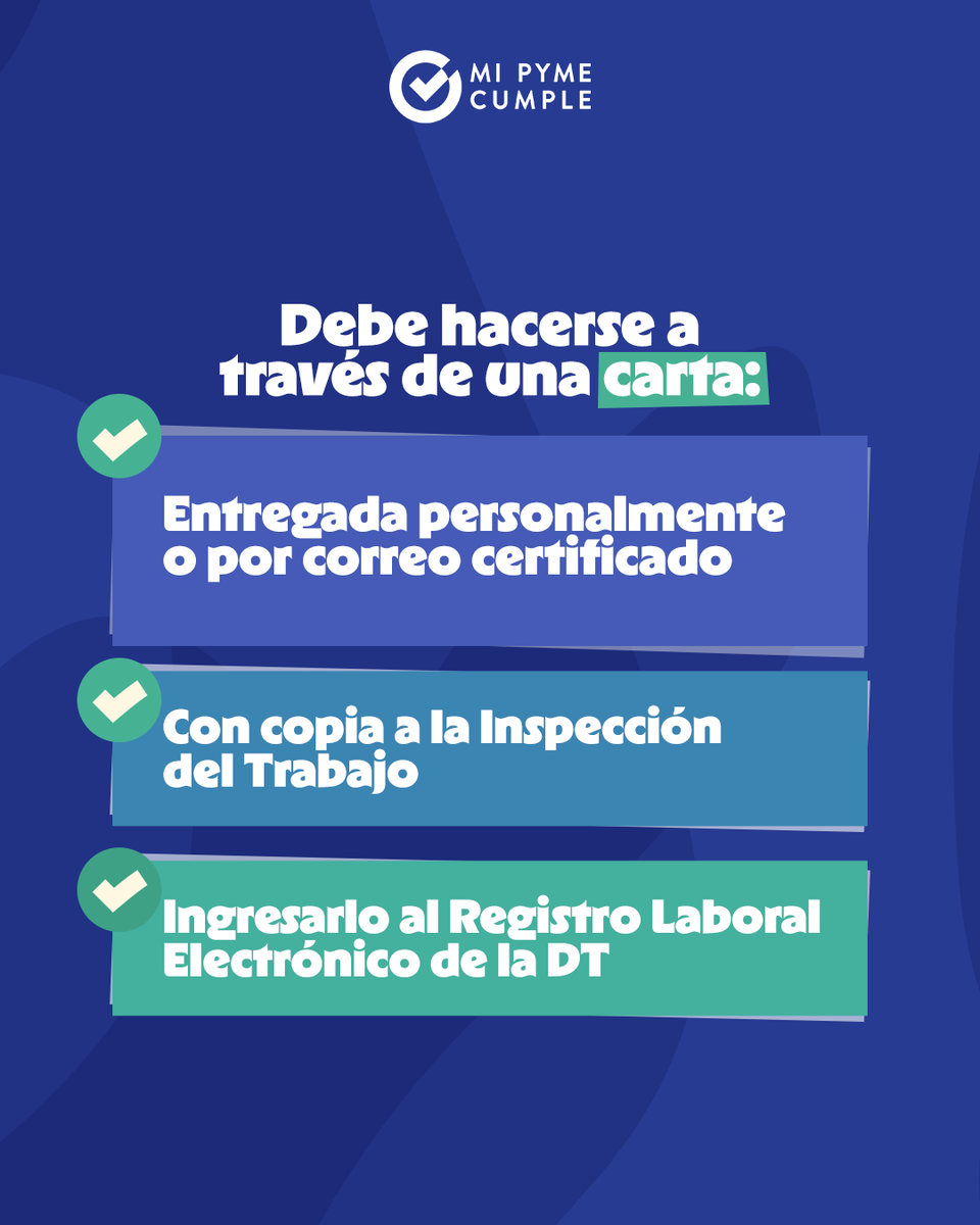MiPymeCumple's tweet photo. Cuando terminas un contrato de trabajo, debes hacerlo por escrito, cumpliendo con los plazos legales establecidos y ciertas exigencias de contenido de la carta.

Si no cumples, arriesgas multas e incluso demandas laborales. ¡Es muy importante que te asesores en este proceso! https://t.co/wrj4A6FncN