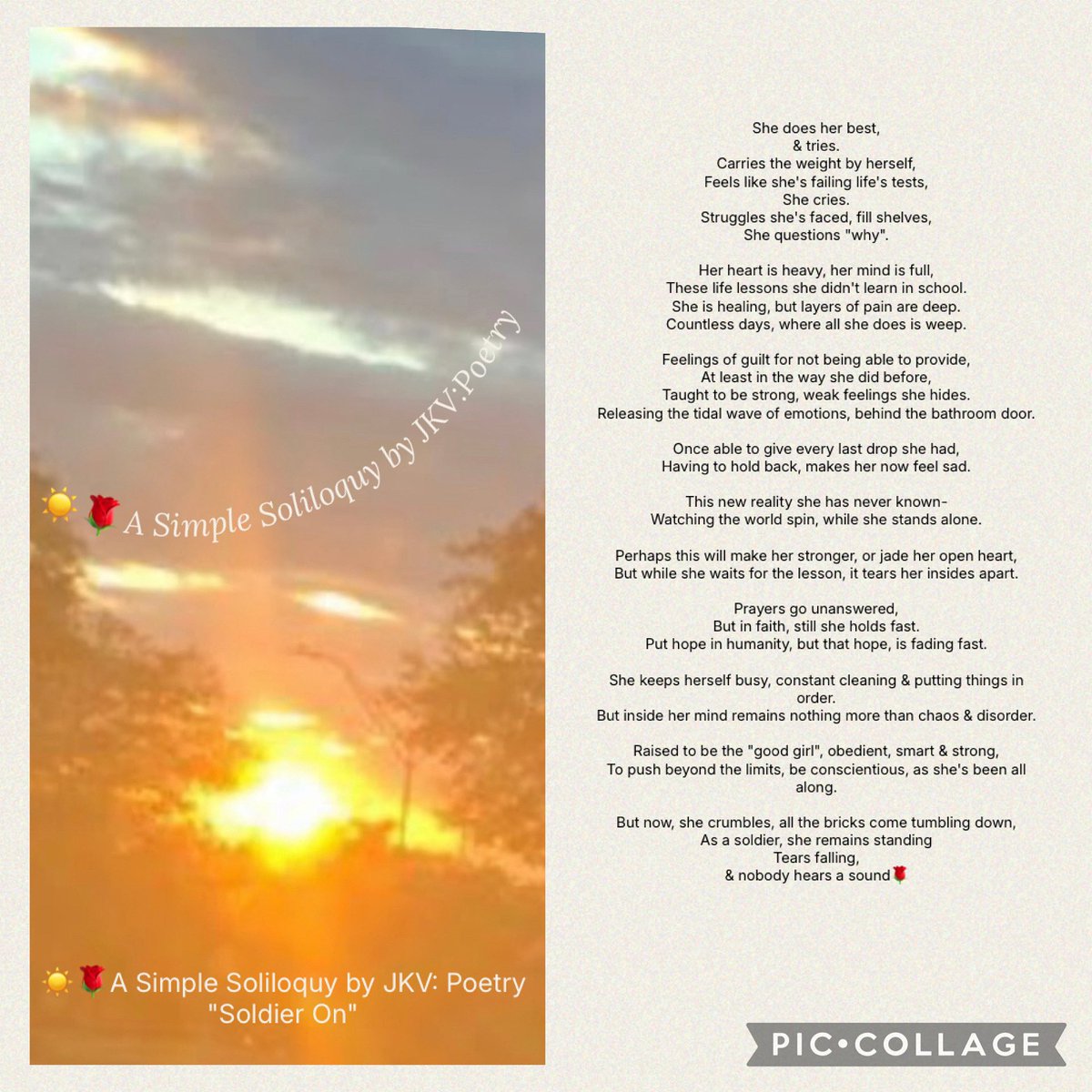 simple_jkv's tweet photo. ☀️🌹A Simple Soliloquy by JKV:Poetry "Soldier On" #soliloquybyjkv #writersoftwitter #amwriting #poem #WritingCommunity #writers #writing #writerslife #poetrycommunity #poetry #writerscommunity #poetsoftwitter #creativewriting #micropoetry #POEMS #poet #poetrylovers https://t.co/3abQjhdBJ3