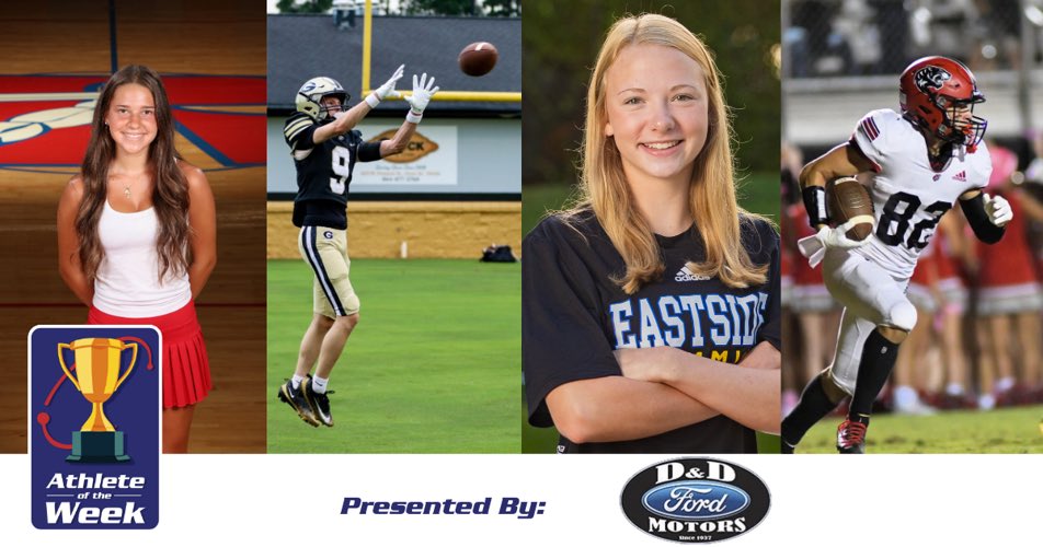 ⭐️ VOTE FOR GREERNEWS.COM ATHLETE OF THE WEEK ⭐️

Two star WRs and two new sports enter the arena this week!

-Ella McGrath, Riverside 🛡️🎾
-Tucker Hudson, Greer 🐝🏈
-Darcy O’Sullivan, Eastside 🦅🏊‍♀️
-Mitchell Bobbitt, Blue Ridge 🐅🏈

➡️greernews.com/athlete_of_the…