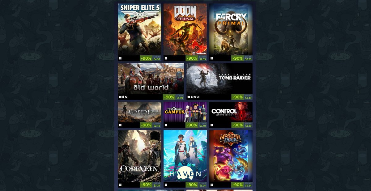 Steam Sonbahar İndirimleri'nde %90 oranında indirim alan oyunlar:

$1.04 - Elite Dangerous
$1.24 - Haven
$1.49 - Rise of the Tomb Raider
$1.89 - Transport Fever 2
$1.89 - Desperados 3
$1.99 - Old World
$2.39 - Far Cry Primal
$2.39 - Doom Eternal
$2.39 - South Park the Fractured