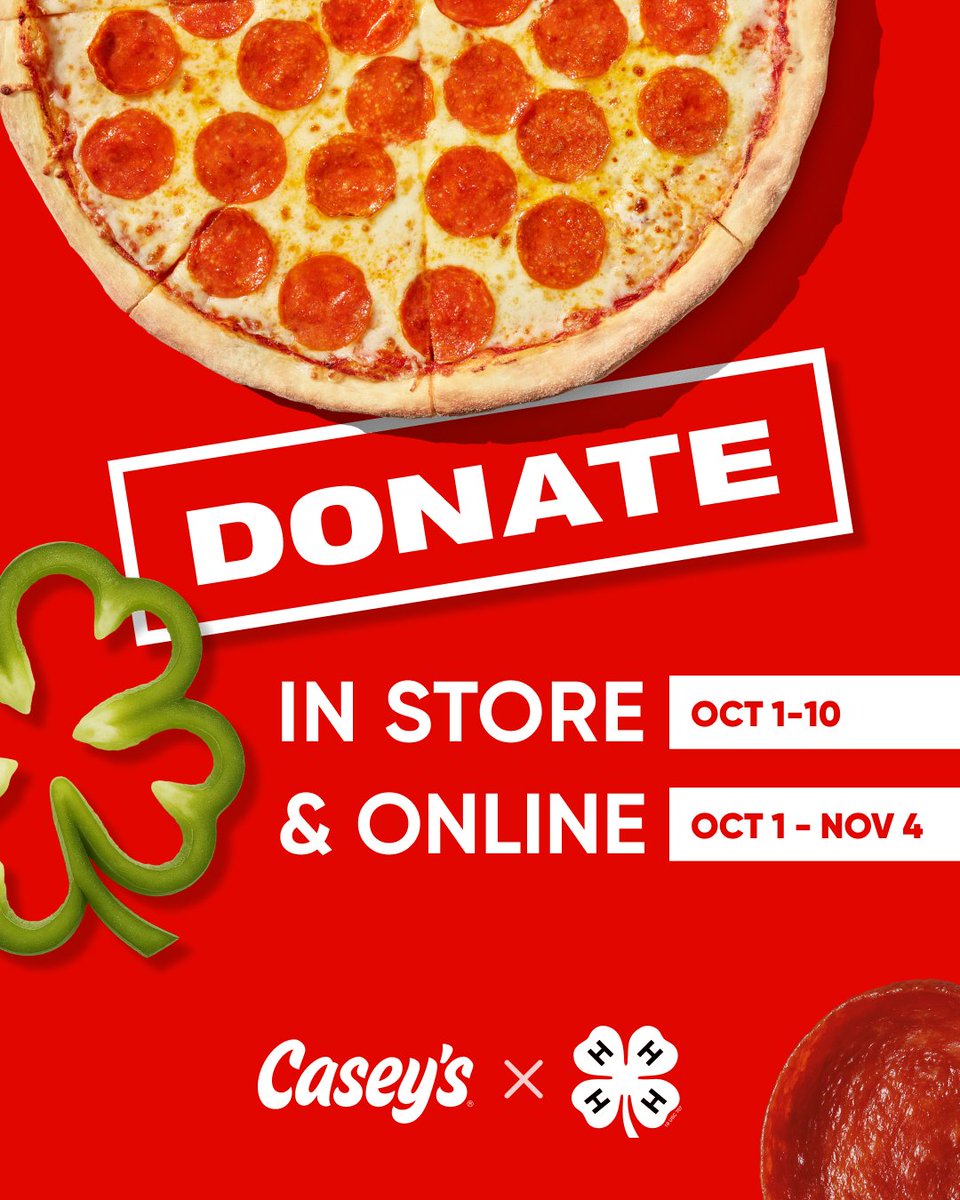 Indiana4h's tweet image. ⏳ There is still time to celebrate National @4H Week with @caseysgenstore!
⬆ Oct 1–10: Round up your in-store purchase.
📲 Oct 1–Nov 4: Add a donation to any order made online or in the Casey’s app.
🍀 All $$ benefits local 4-H programs.
Learn more: 4-h.org/caseyspizza.