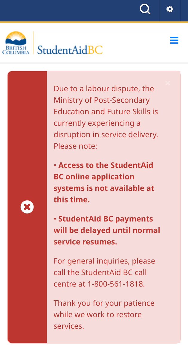 The NDP and the BCGEU are back to the bargaining table today. In the meantime, more British Columbians are impacted by this Government’s fiscal nightmare: 

🛑 With the ongoing strike, post-secondary students can’t access StudentAidBC, and are struggling. Even hearing reports