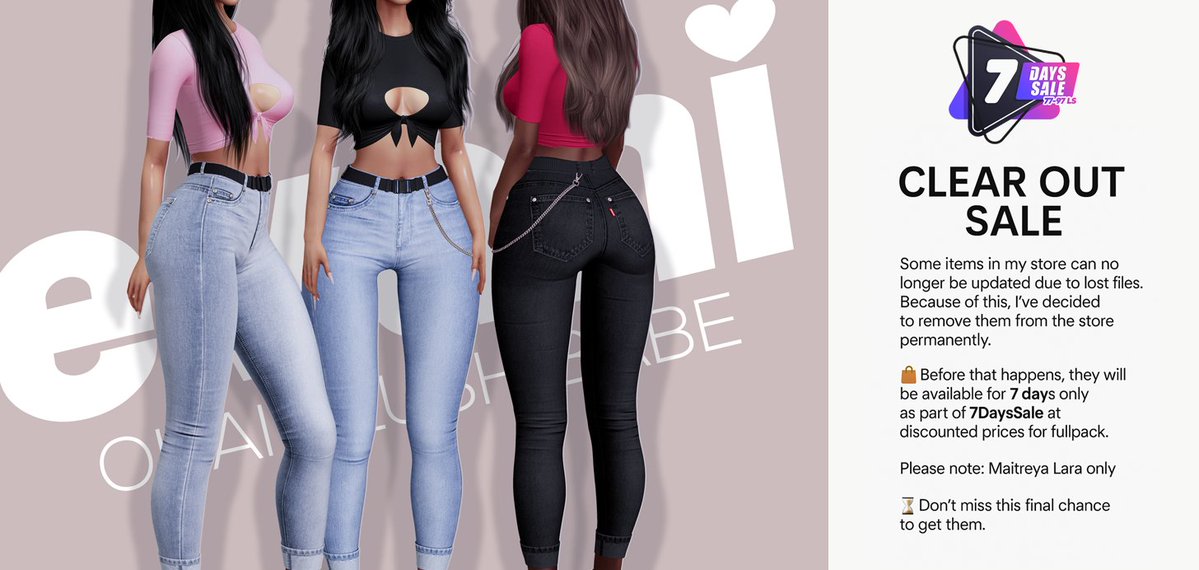 7daysSaleSL's tweet photo. 💜 evani. @7DaysSALE 💜

🗓 Sept 26 – Oct 02

✨ Chic, bold &amp; made to turn heads — shop the latest this week!

👉 https://t.co/SAMJDH3mq2

#SecondLife #7DaysSALE #SLFashion #VirtualShopping #SLStyle https://t.co/d9xQ3kaMzC