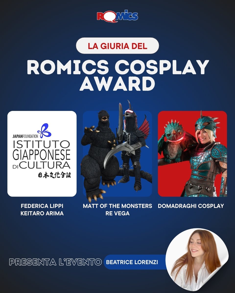 👑 La giuria del Romics Cosplay Award è pronta!
✨ Federica Lippi e Keitaro Arima
✨ Matt of the Monsters e Re Vega
✨ Domadraghi Cosplay

🎤 Conduce Beatrice Lorenzi
📅 Domenica 5 ottobre a #Romics35

⚡ Romics Cosplay Award vi aspetta! #Cosplay