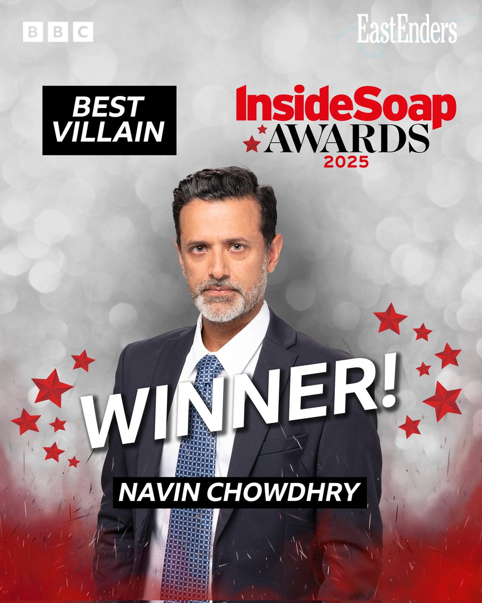 bbceastenders's tweet photo. WINNER! Nish has well and truly cemented himself as one of EastEnders’ best villains! Congratulations to Navin Chowdhry for winning the Best Villain award at the #InsideSoapAwards 2025. 🏆 #EastEnders https://t.co/7qr2nKheG9