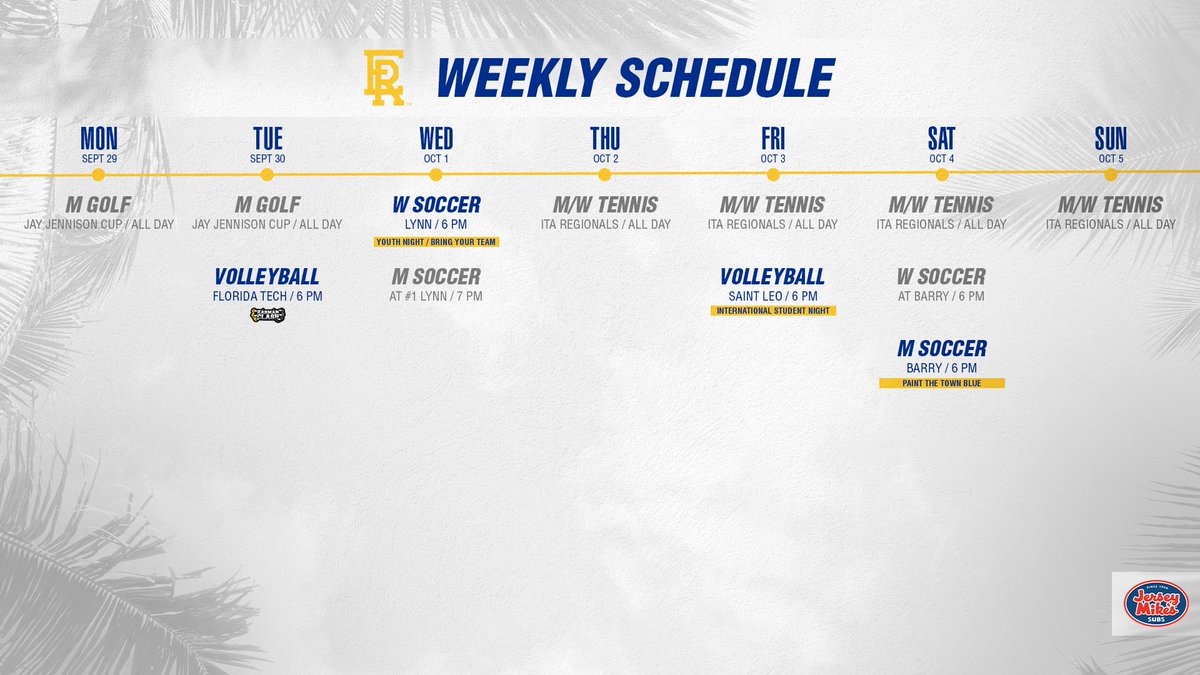 It's a busy week!

• <a href="/ERAUMGolf/">Embry-Riddle Men's Golf</a> starts its season
• <a href="/ERAUVolleyball/">Embry-Riddle Volleyball</a> welcomes Florida Tech for the Kármán Clash
• <a href="/ERAUMSoccer/">Embry-Riddle Men's Soccer</a> prepares to take on top-ranked Lynn

#GoERAU / #DaytonasHometownTeam