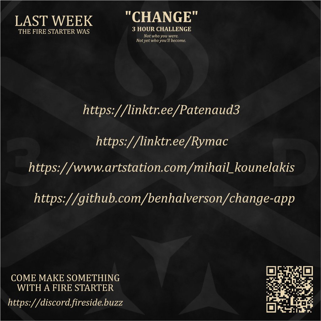 🔥 WEEK 13: WATCHED

This week's Firestarter Challenge word is: **WATCHED**

What story can you tell with it?  

Interpret it freely: emotional, mythic, visual, or surreal.  
Create in any form — and tag **#FirestarterChallenge** to share.

Let’s keep the fire alive.