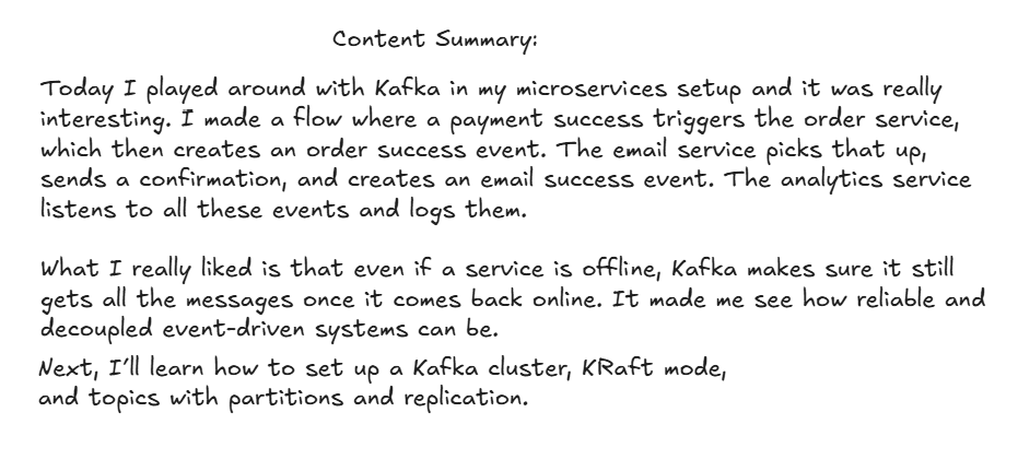 n3stxdev's tweet photo. Today I explored KafkaJS Producers & Consumers! Built a flow: payment-successful β order-successful β email-successful, all logged by analytics-service.
#LearningUtsav2025 #FestivalOfLearning #LUD2 #Microservices #Kafka #NodeJS @learning_utsav https://t.co/TTs7z9mkTv