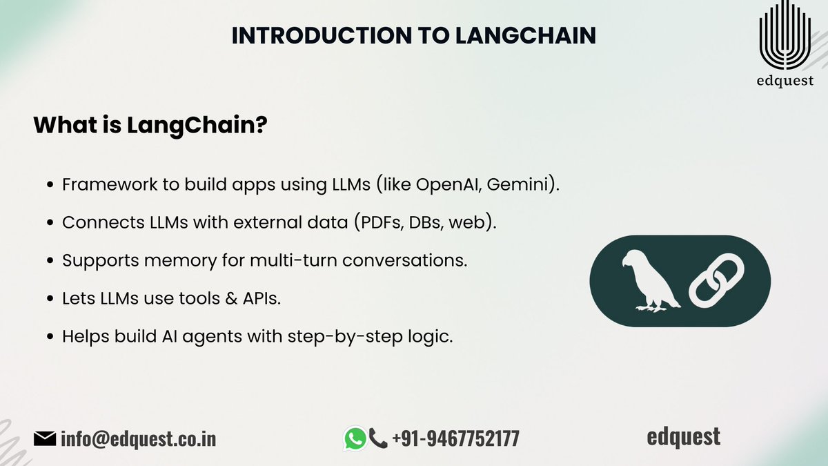 edquestofficial's tweet image. Built demos that break fast? Use LangChain to orchestrate LLMs, tools, memory &amp;amp; data. Modular chains, stateful agents, document loaders, tool integrations—turn prototypes into production AI apps. 

🎥 youtube.com/watch?v=xxfNEd…

#edquest #LangChain #AIFramework #AgenticAI