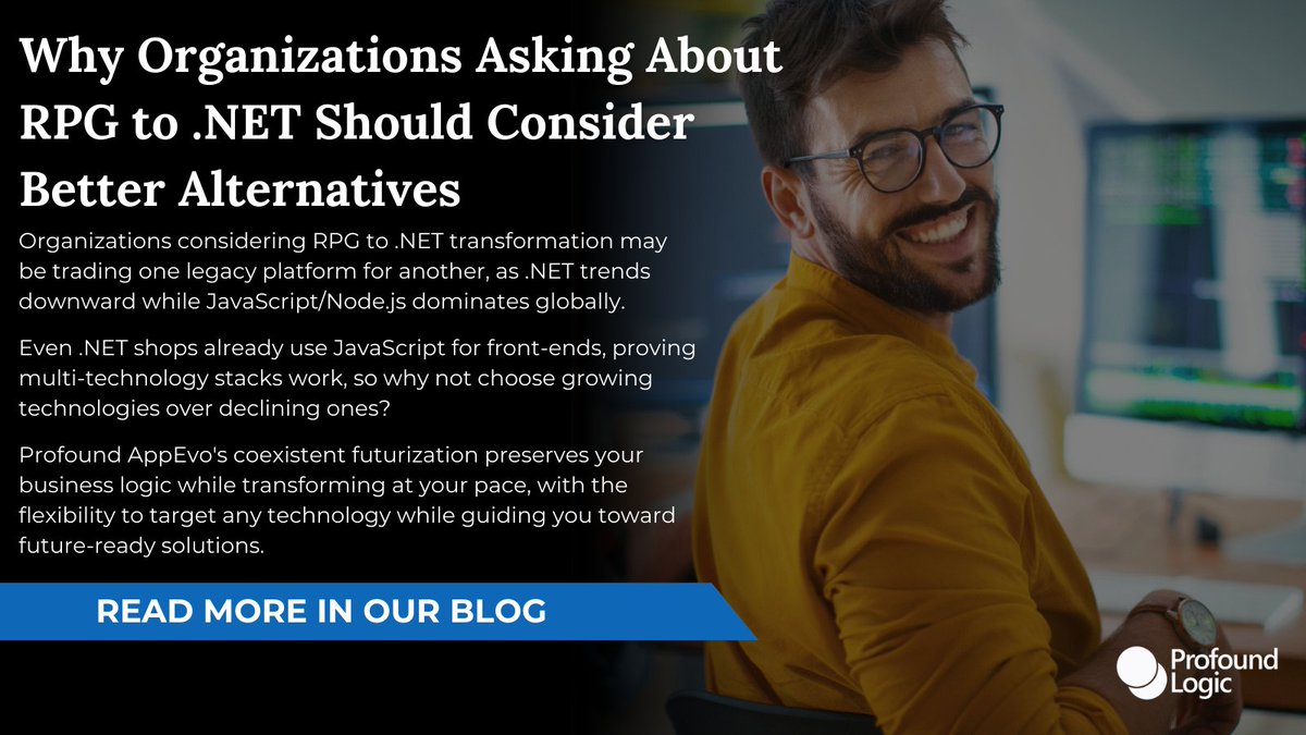 ProfoundLogic's tweet image. 🚨 Hot take: RPG-to-.NET isn’t the safe bet many think it is.
For a lot of IBM i shops, the better path is coexistent futurization, preserving valuable RPG assets while adding modern, open technologies like Node.js and JavaScript.
Why start over when you can leap forward?…