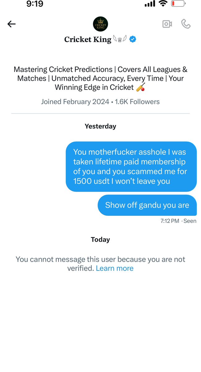 Rakshith4718's tweet photo. @baadshahbhai04 this cricket king ( baadshahbhai04) is a bloody scammer who took my money to send usdt in telegram and few mins after all my messages were disappeared @Scoopshott please help me bro https://t.co/hQh1DgDI0Q