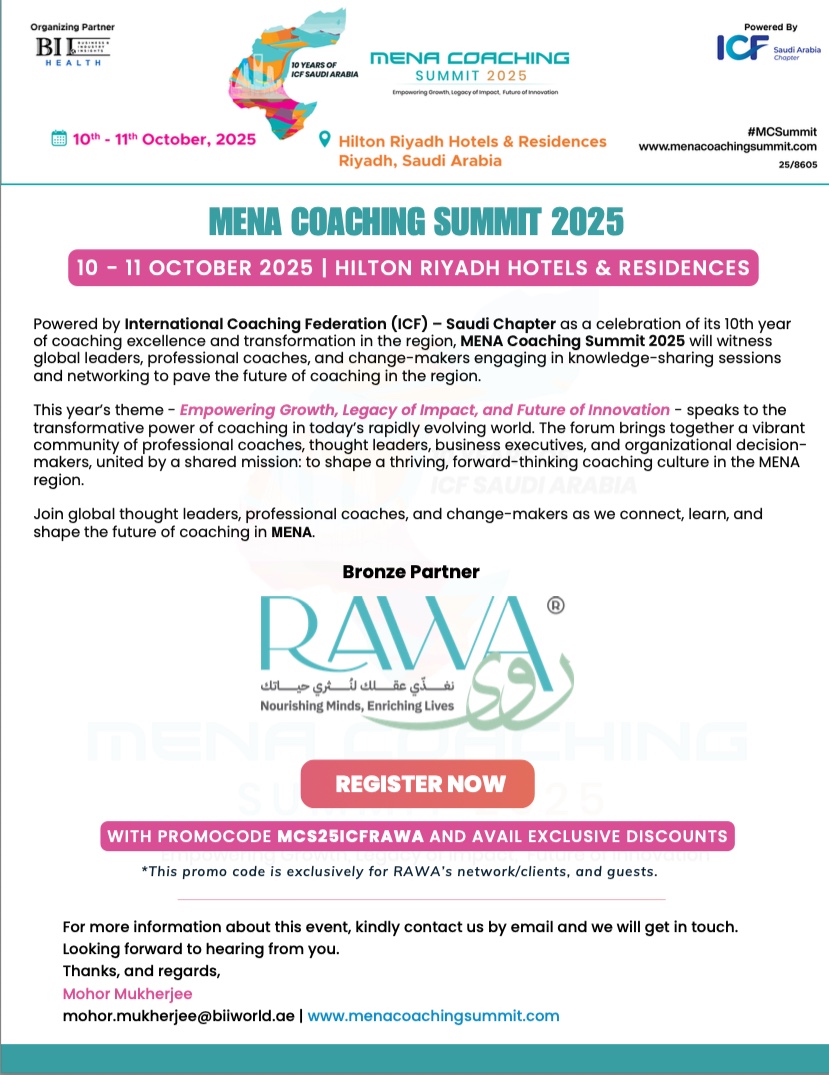 من قلب القمة.. ولدت منصة #روى لتصنع الفرق وتعيد صياغة مفاهيم التطوير الذاتي بوعي واتزان يثريان جودة حياة الأفراد والمجتمع

يسعدنا وبكل فخر أن نعلن عن الإطلاق الرسمي لمنصة روى خلال قمة الكوتشينق ٢٠٢٥ لأفريقيا والشرق الأوسط المقامة في مدينة الرياض ١٠ - ١١ أكتوبر
#روى #Rawa