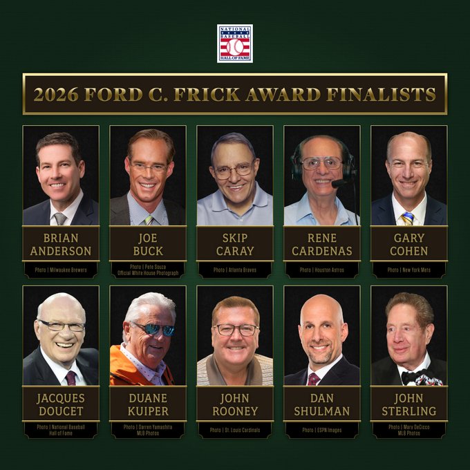 2026 Ford C. Frick Award Finalists in alphabetical order with portraits: Brian Anderson, Joe Buck, Skip Caray, Rene Cardenas, Gary Cohen, Jacques Doucet, Duane Kuiper, John Rooney, Dan Shulman and John Sterling.