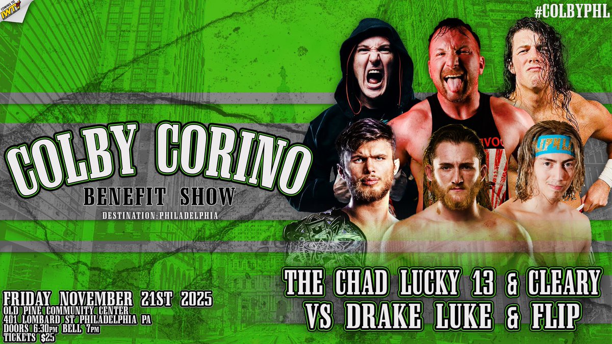 S_H_P_Wrestling's tweet photo. Confirmed for Colby Corino Benefit Show: Philadelphia on Friday November 21st

CHAD, LUCKY 13 &amp; LJ CLEARY VS JACKSON DRAKE, AUSTIN LUKE, &amp; FLIP

Tix $25 (All money to be donated to Colby Corino)

Doors @ 6:30pm Bell @ 7pm

Old Pine Community Center
401 Lombard St
Philadelphia PA https://t.co/Lo3SvcX4fy