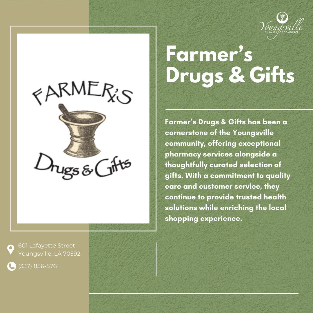 Member Monday Spotlight 

Today, we’re highlighting Farmers Drugs and Gifts, one of our Innovative Partners in Business! Thank you, Farmers Drugs &amp; Gifts, for your continued support of the Youngsville Chamber and our mission to connect, grow, and build community together.
