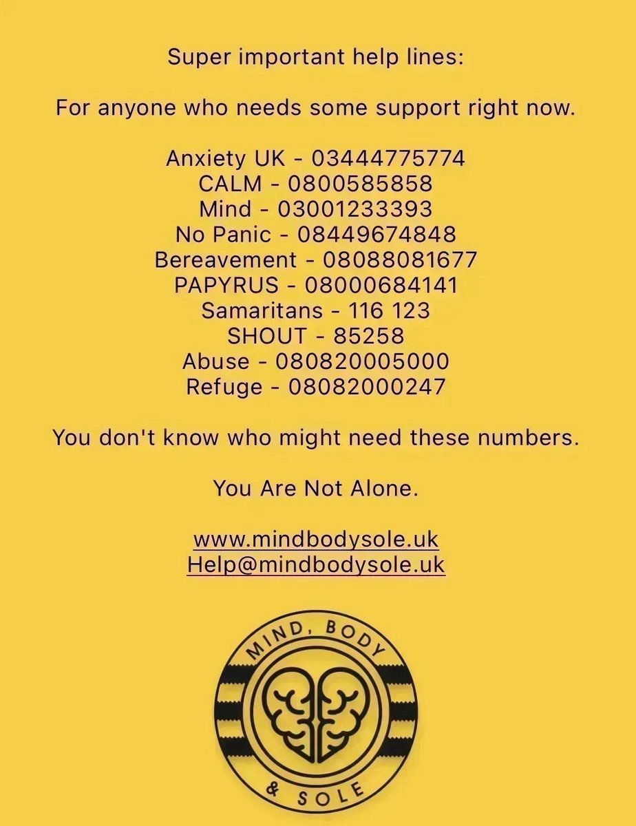 MindBodySoleUK's tweet photo. 📞 Super important help lines:

Share.
Repost.
Spread the word.
You Are Not Alone.

You never know who might need these numbers. https://t.co/QO9RoG34Se