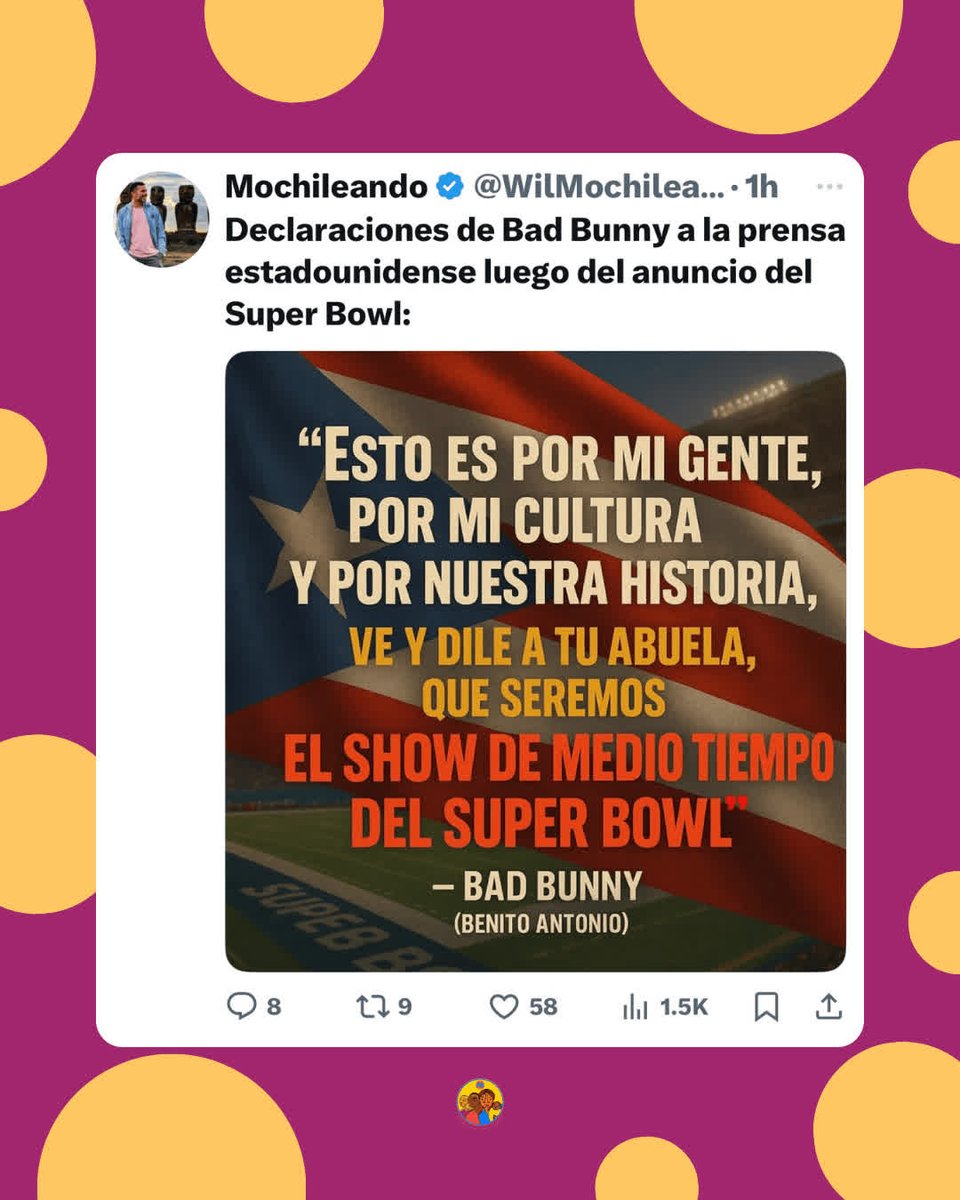MamasConPoder's tweet image. ✨ ¡Benito va al Super Bowl! ✨
Un latino que canta en español encabezará el show más grande del mundo. 🌎💜
Representación, esperanza y orgullo.
¡Estamos aquí y seguimos haciendo historia!
#MamasConPoder #BadBunny #SuperBowl2026