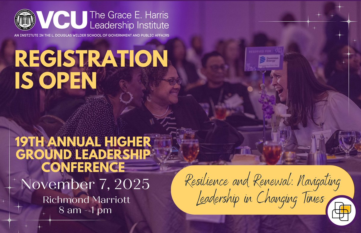 Register today and join us at the 19th Annual HIGHER Ground Leadership Conference on November 7th! 

🔗 Register today: gehli.vcu.edu/higher-ground-… 

#HigherGroundConference #Leadership #Resilience #Renewal #GEHLI #VCU #ProfessionalDevelopment