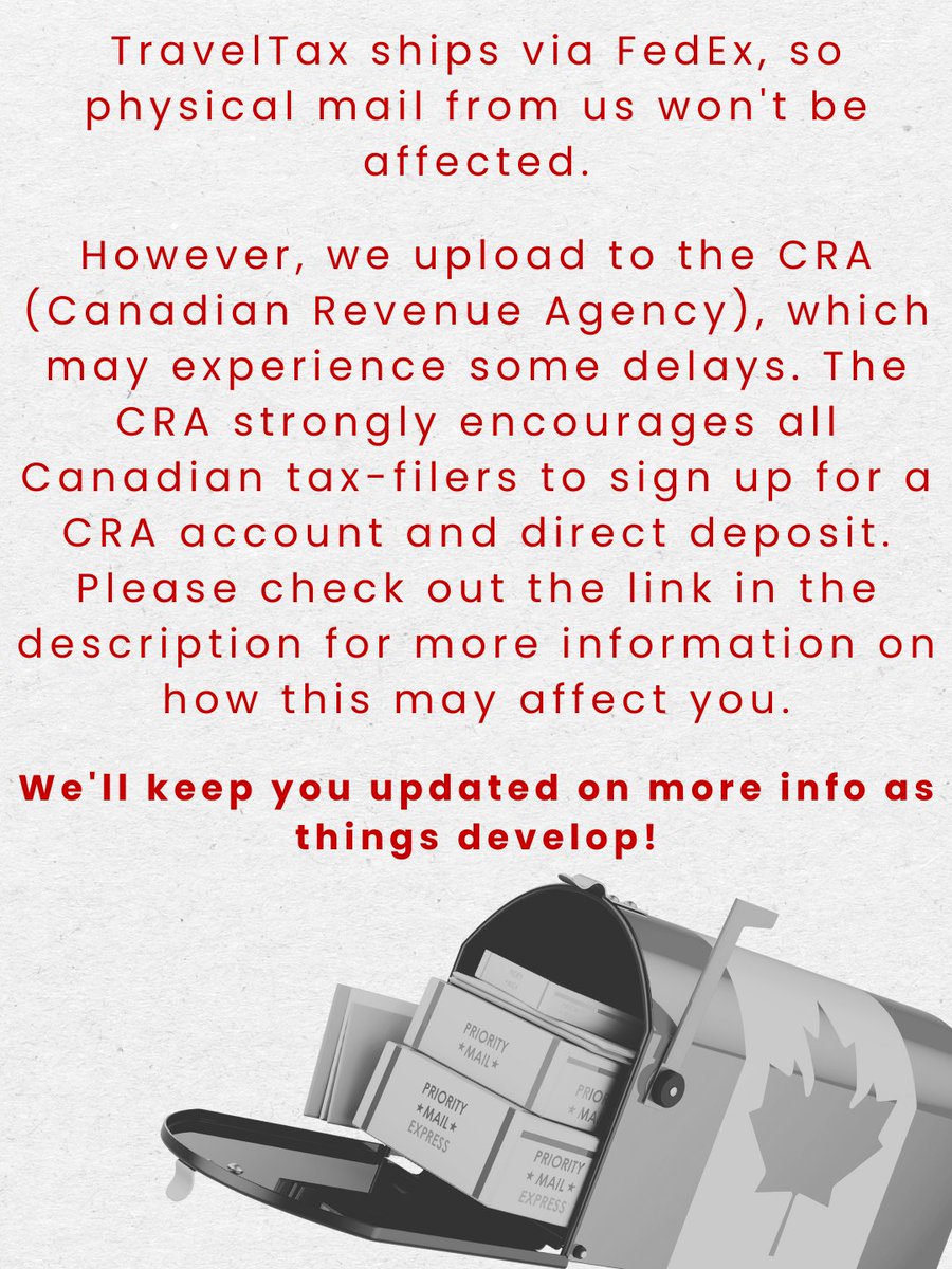 traveltax's tweet photo. Canadian postal workers went on strike on September 25th. How does that affect our clients to the north? Read on to find out and visit the link below for much more info: 

https://t.co/La1pT7pCbz https://t.co/btiAN4aBtP