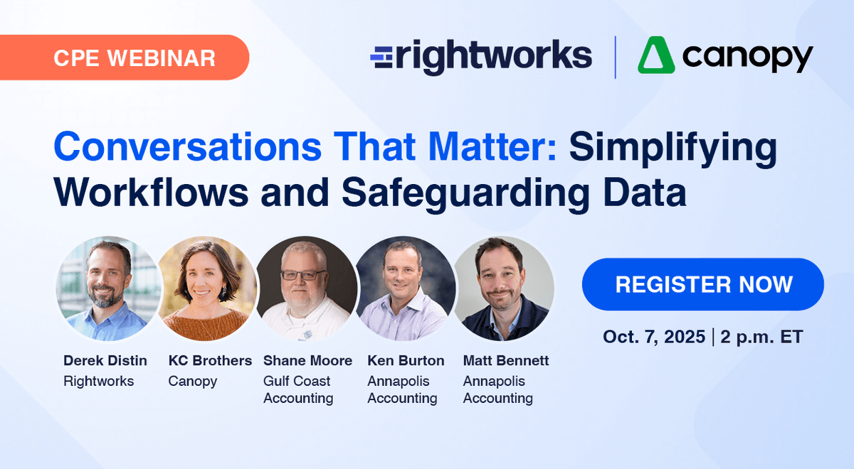 Rightworks_'s tweet photo. Collaboration is the most overlooked tool in firms today. Join us + @canopysuite on Oct. 7 at 2 p.m. ET for a free CPE webinar on boosting efficiency, protecting data &amp; learning from firm leaders who modernized their tech. 

👉 Register now: https://t.co/tbONEHb3ws https://t.co/C4wE5UB6mV