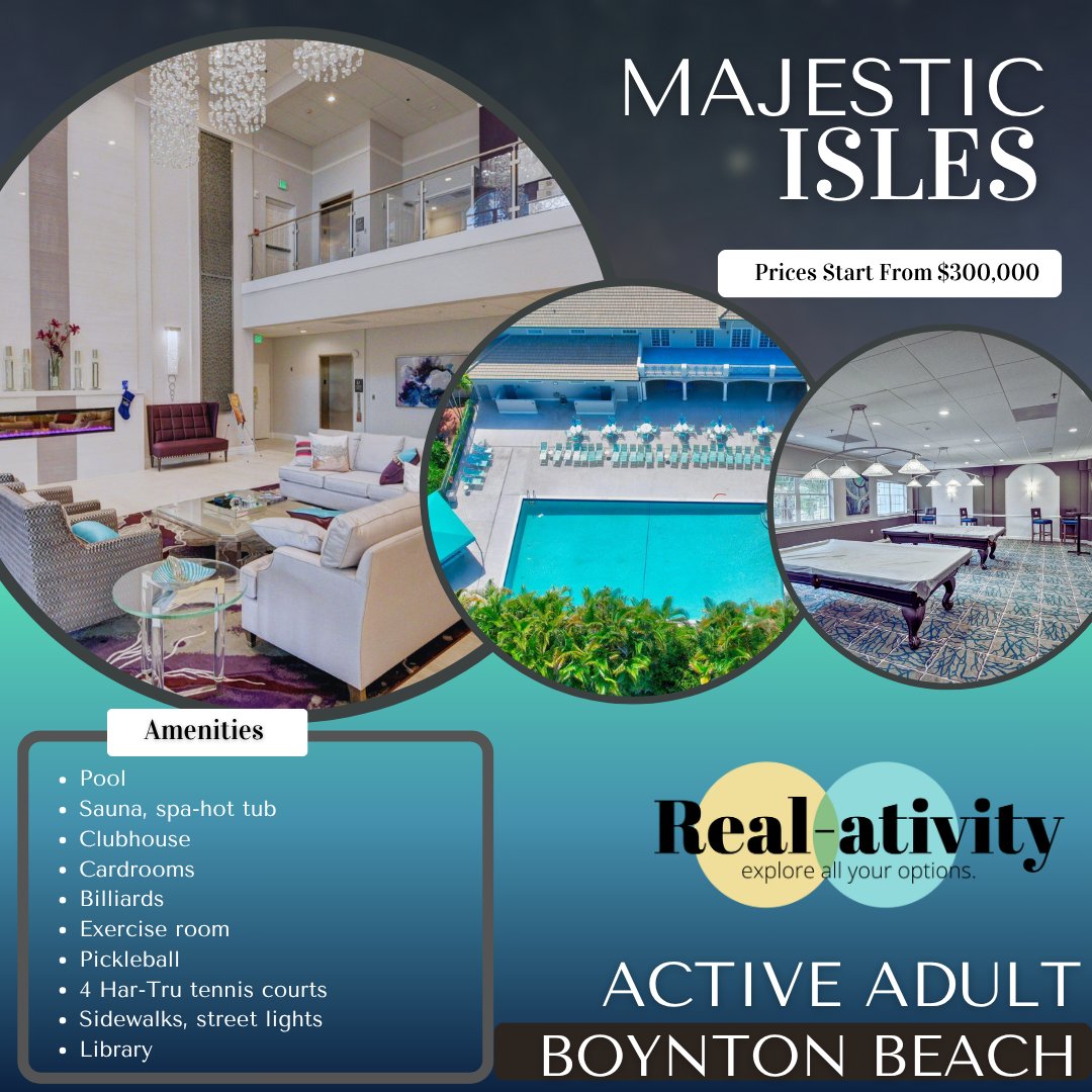 Real_ativity's tweet photo. Majestic Isles is a charming, guard-gated 55+ neighborhood of 450 single family homes offering a beautifully renovated clubhouse, large pool, tennis, pickleball, and vibrant community life. Close to shopping, dining, &amp; beaches.
🔗 Discover Majestic Isles: https://t.co/T5o56ELl0v https://t.co/Q9qukXhWAJ