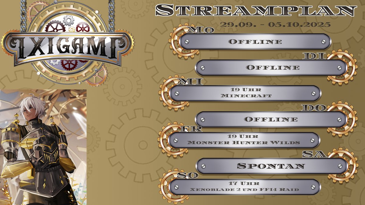 Da ist wieder ein Streamplan!
Mittwoch gibt es Minecraft auf Nepis Community Server.
Freitag Monster Hunter Wilds. Wir müssen aufholen, um Omega aus FF14 bekämpfen zu können 🔪
Sonntag ganz normal Xenoblade 2 und FF14 Raid.
Kommt gut durch die Woche 🤍
