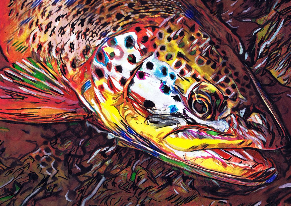 Wild Brown – Abstract Brown Trout Fly Fishing Art Print by Jack Tarpon dogfishart.com/products/wild-… #OscarJetson #painting #TroutIllustration
