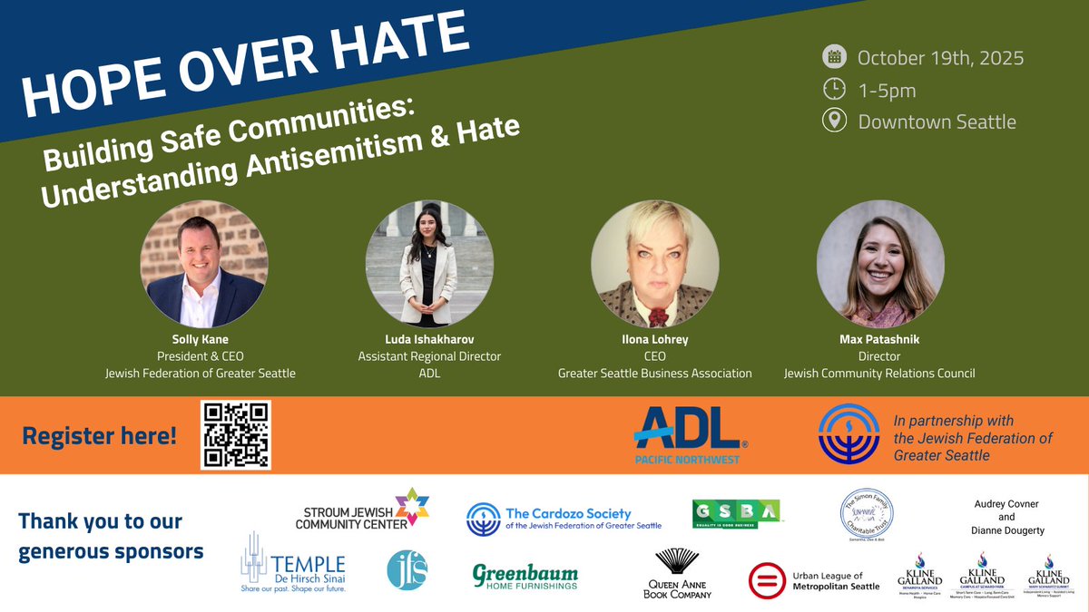 🕊️ Join us for Hope Over Hate, a summit on antisemitism, hate, and building safer communities.

📅 Sun, Oct 19 | 🕐 1–5 PM
📍 Downtown Seattle
🎟️ Register: cvent.me/myzLkB

Keynotes, panels &amp; breakout sessions with leaders, educators &amp; more.
