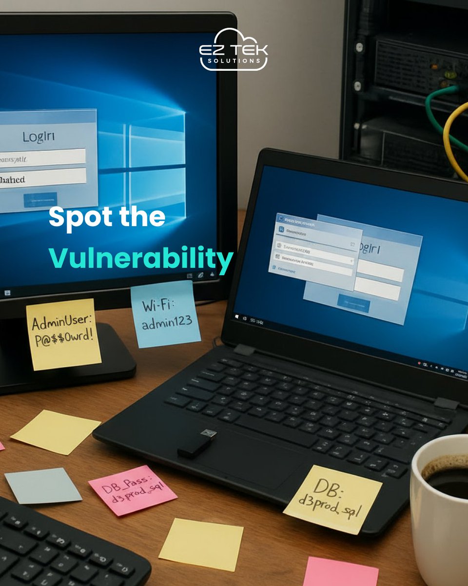 eztek_solutions's tweet image. Can you tell what&apos;s wrong in this picture?
👀 Sticky notes with passwords
💻 Unlocked screens
📶 Wi-Fi login out in the open
☕ Coffee near critical gear
Cyber hygiene isn’t optional; train your team to spot the risks.