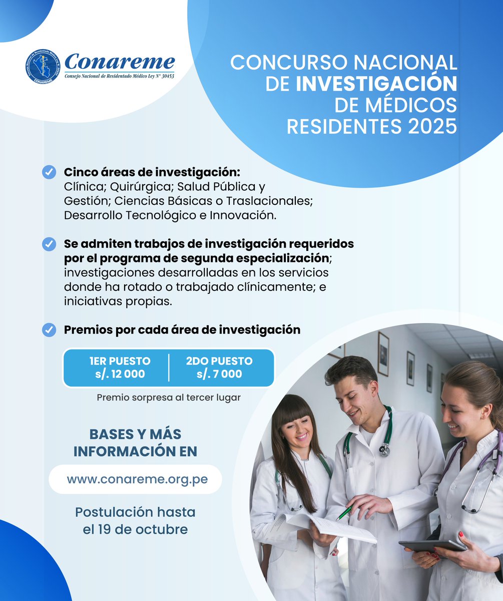 CONAREME's tweet photo. Si eres residente y has realizado trabajos de investigación en el marco de tu formación, no pierdas esta oportunidad.

Bases, cronograma y más aquí ➡️ https://t.co/WpQJUmaS1w https://t.co/PH3bPvAXQo