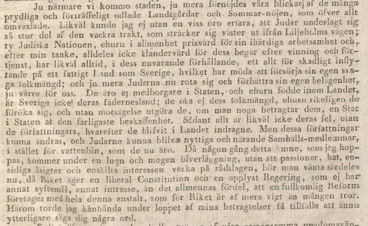 Codehawker's tweet image. År 1820 kunde man skriva om judar som en del idag skriver om araber m fl.
&quot;...skadligt inflytande på ett fattigt Land som                Sverige (...) och ju mera Judarna nu rota sig och förbättra sin egen (...) är Sverige icke deras fädernesland&quot;