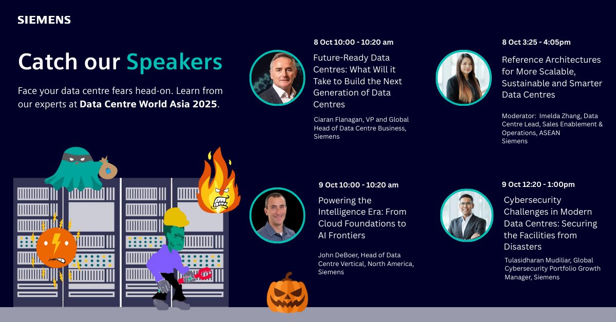 SiemensSEA's tweet photo. Head to the keynote theatre at #DataCentreWorldAsia2025 to hear our experts reveal the latest trends and tackle the biggest scares 👻 facing the data centre industry.
🎟️ Secure your ticket now! https://t.co/C5oKolEG0X
#TWS25 #TechWeekSingapore2025 #DCWA https://t.co/DqnRZSTGsp
