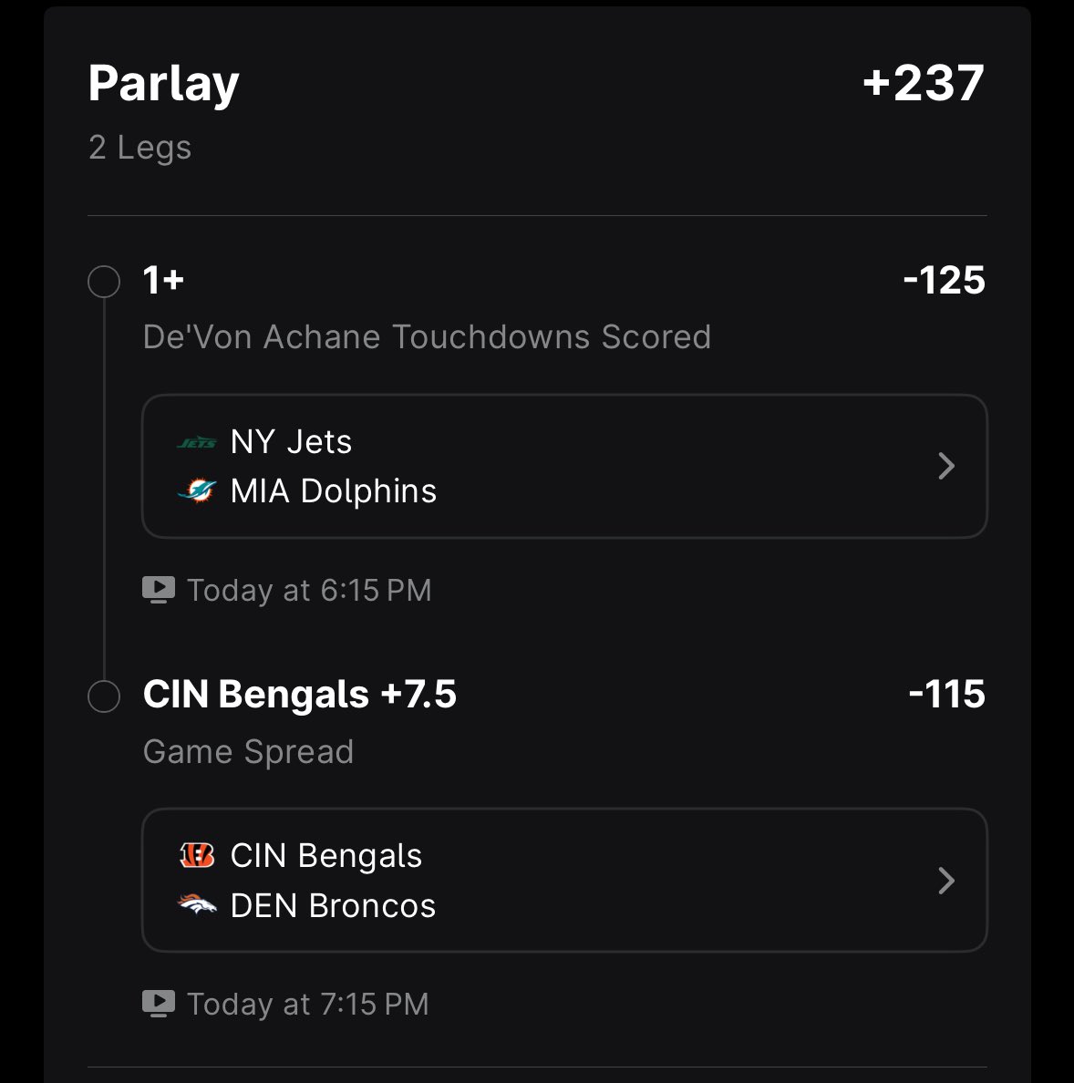 💥MNF DOUBLE HEADER PARLAY💥

Achane ATD -125
Bengals +7.5 -115

+237 (3 Units!) 

Achane is due, &amp; I think the Bengals are getting heavily disrespected with this line after their performance last week. They’ll compete. 

I also like these 2 straight up individually

LETS RIDE!