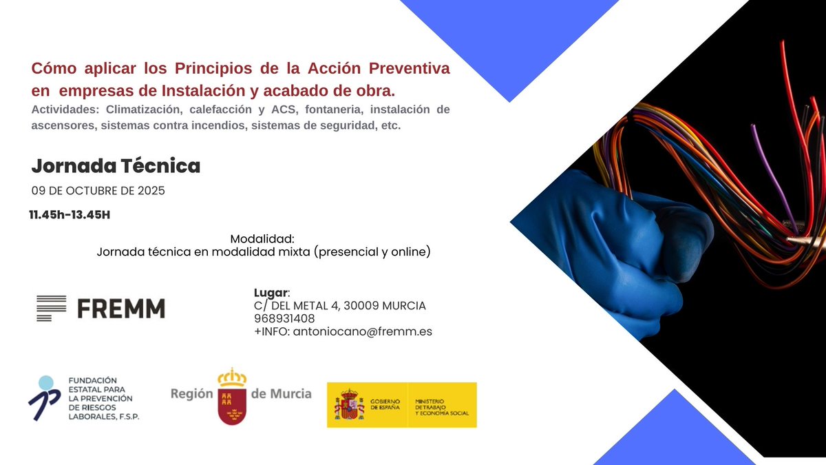 🗓️ El 9 de octubre tienes la oportunidad de asistir a una o a las dos jornadas de #prevención que organiza #FREMM, con el respaldo de <a href="/Empresa_RM/">Consejería de Empresa, Empleo y Economía Social</a>, e imparte Prevemur: 

⚡️ Empresas eléctricas.
👷 Empresas de instalación y acabado de obra. 

ℹ️ shre.ink/SrfL
<a href="/apremetal/">APREMETAL</a>
