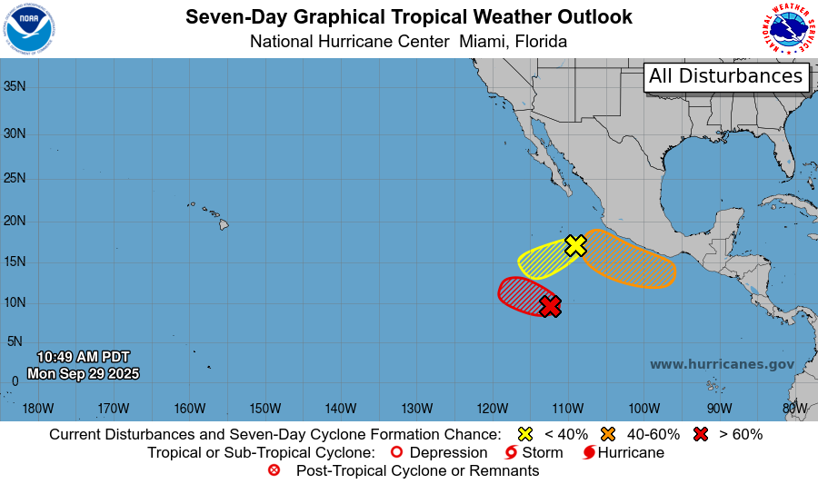 NHC_Pacific's tweet photo. 11am PDT Sept 29th:

NHC is watching 3⃣ areas in the EPAC outlook today.

One area is #EP98 &amp; has a high chance (90%🔴) to become a TC as soon as this afternoon. Another area closer to Mexico has a medium (50%🟠) chance of formation in the next 7-days.

https://t.co/Oy8uoeRKme https://t.co/e5JBsz3528