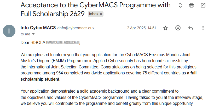 bxsolaa's tweet photo. The first time I applied to the CyberMACS program, I got a partial scholarship and word on the street was that they had exhausted the full scholarship slot for Nigerians.

I am excited to announce that I am a full scholarship student of the CyberMACS program under Erasmus. https://t.co/djwBeVaKR9