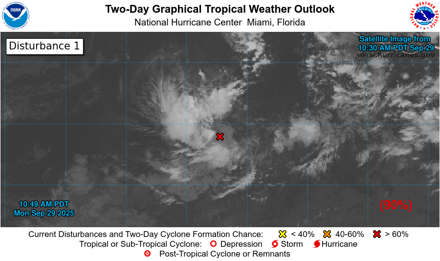 NHC_Pacific's tweet photo. 11am PDT Sept 29th:

NHC is watching 3⃣ areas in the EPAC outlook today.

One area is #EP98 &amp; has a high chance (90%🔴) to become a TC as soon as this afternoon. Another area closer to Mexico has a medium (50%🟠) chance of formation in the next 7-days.

https://t.co/Oy8uoeRKme https://t.co/e5JBsz3528