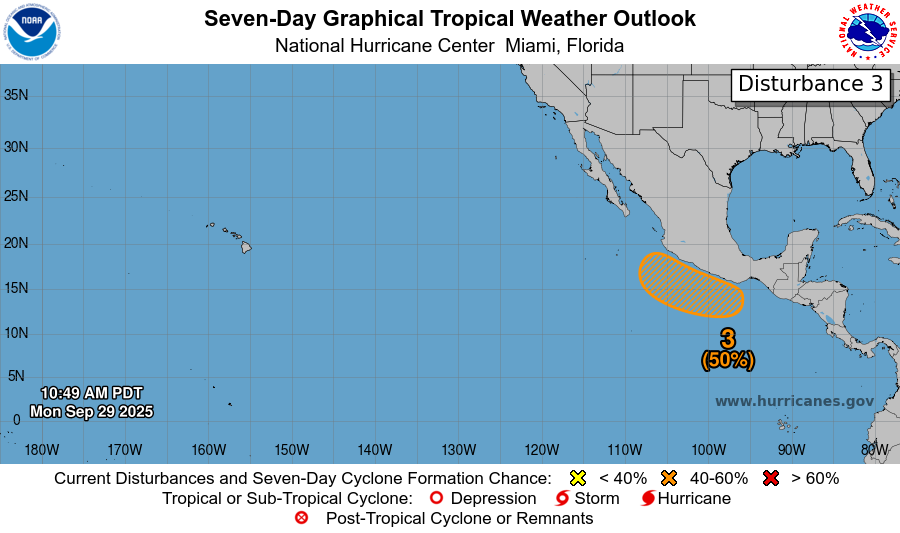 NHC_Pacific's tweet photo. 11am PDT Sept 29th:

NHC is watching 3⃣ areas in the EPAC outlook today.

One area is #EP98 &amp; has a high chance (90%🔴) to become a TC as soon as this afternoon. Another area closer to Mexico has a medium (50%🟠) chance of formation in the next 7-days.

https://t.co/Oy8uoeRKme https://t.co/e5JBsz3528