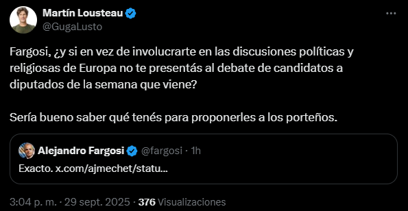 elimpactocom's tweet photo. 🚨AHORA | Lousteau vs Fargosi. Habrá debate?

@GugaLusto  lo vuelve loco a @fargosi porque se bajo del debate que él mismo propuso. Irá la semana que viene?

A este ritmo, va terminar soñando con él😂 https://t.co/xH7S17DQG6