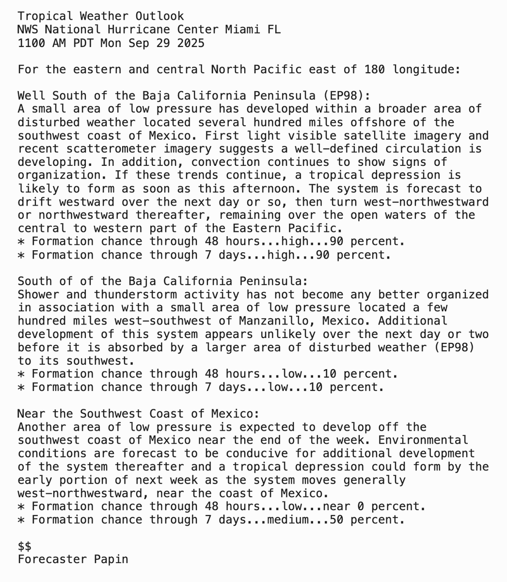 NHC_Pacific's tweet photo. 11am PDT Sept 29th:

NHC is watching 3⃣ areas in the EPAC outlook today.

One area is #EP98 &amp; has a high chance (90%🔴) to become a TC as soon as this afternoon. Another area closer to Mexico has a medium (50%🟠) chance of formation in the next 7-days.

https://t.co/Oy8uoeRKme https://t.co/e5JBsz3528