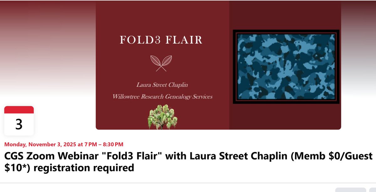 Join us on November 3, 2025 from 7:00-8:30pm central for our CGS Webinar via Zoom, "Fold3 Flair" with Laura Street Chaplin (CGS Member $0/Guest $10). Online registration is required. Find complete details at chicagogenealogy.org/event-6021703 #ChicagoGenSoc